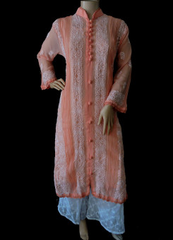 ISHIEQA's Peach Georgette Chikankari Kurti  - DC0301C