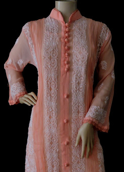 ISHIEQA's Peach Georgette Chikankari Kurti  - DC0301C