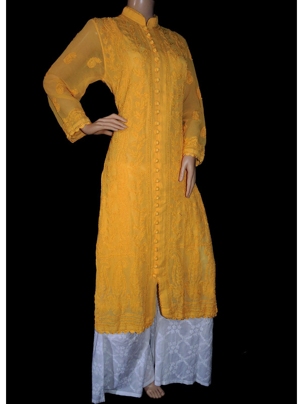ISHIEQA's Yellow Georgette Chikankari Kurti  - DC1402C