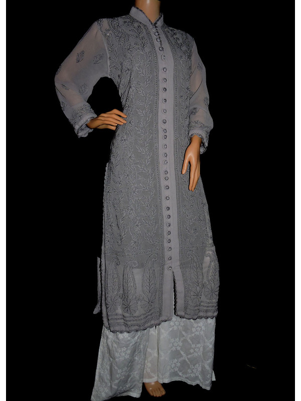 ISHIEQA's Grey Georgette Chikankari Kurti  - DC1402C