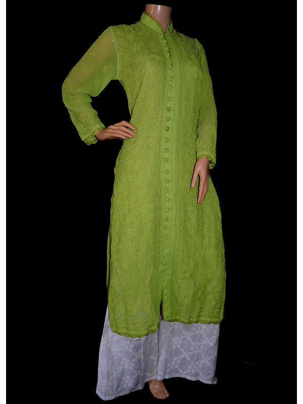 ISHIEQA's Green Georgette Chikankari Kurti  - DC1402C