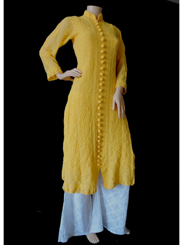 ISHIEQA's Designer Yellow Georgette Chikankari Kurti - DC0901B