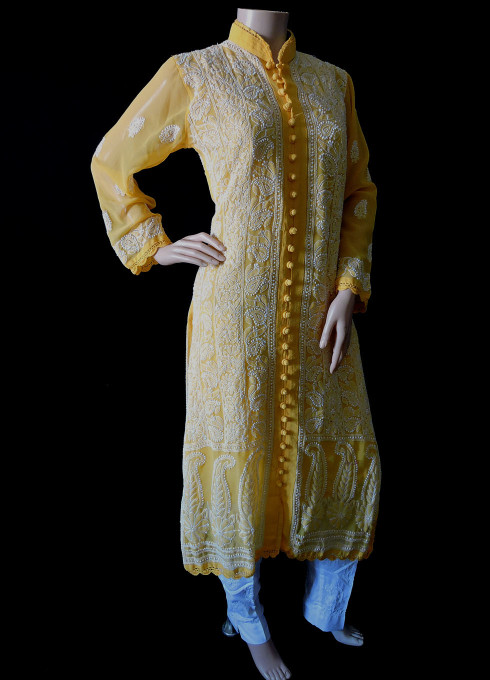 ISHIEQA's Yellow Georgette Chikankari Kurti  - DC2201C