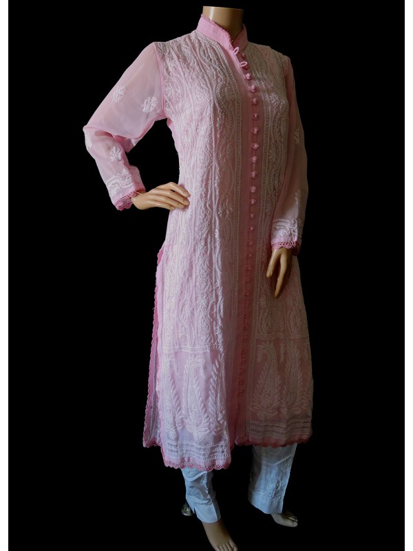 Deep Pink Georgette Chikankari Kurti with Floral Motifs – Parinita Sarees  and Fashion