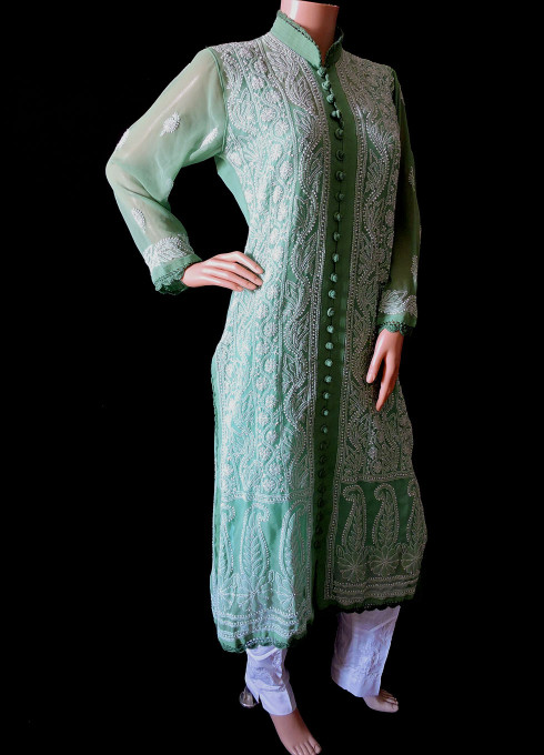 ISHIEQA's Green Georgette Chikankari Kurti - DC2201C