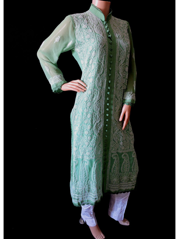 ISHIEQA's Green Georgette Chikankari Kurti - DC2201C