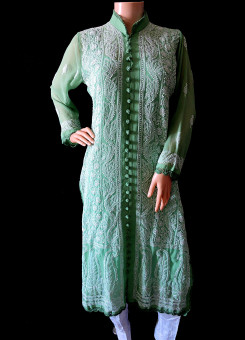 ISHIEQA's Green Georgette Chikankari Kurti - DC2201C