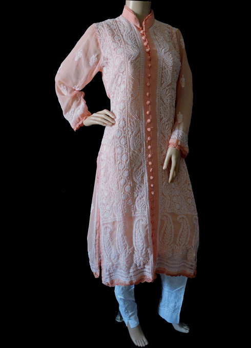 ISHIEQA's Peach Georgette Chikankari Kurti  - DC2201C