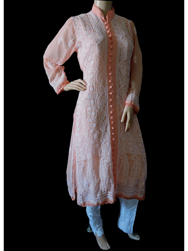 ISHIEQA's Peach Georgette Chikankari Kurti  - DC2201C