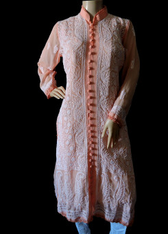 ISHIEQA's Peach Georgette Chikankari Kurti  - DC2201C