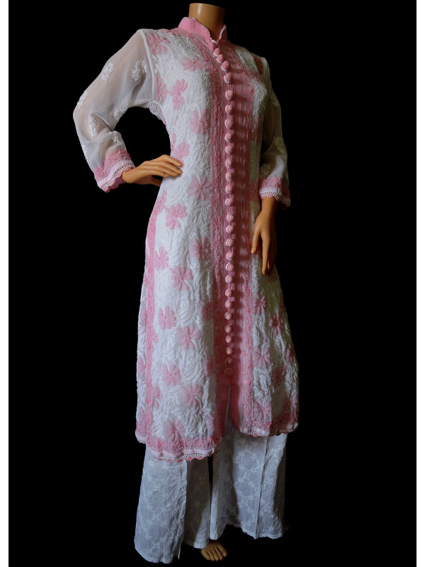 ISHIEQA's White-Pink Georgette Chikankari Kurti  - DC1101B