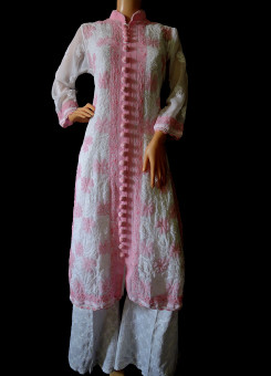ISHIEQA's White-Pink Georgette Chikankari Kurti  - DC1101B