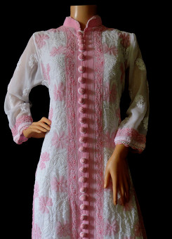 ISHIEQA's White-Pink Georgette Chikankari Kurti  - DC1101B