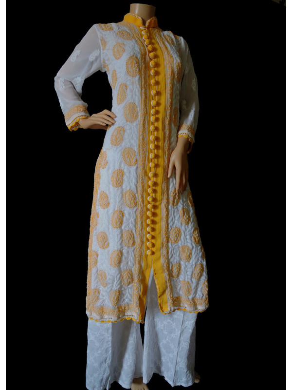 ISHIEQA's White-Yellow Georgette Chikankari Kurti  - DC1101B