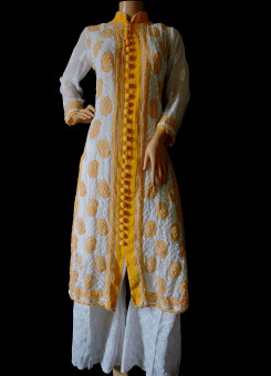 ISHIEQA's White-Yellow Georgette Chikankari Kurti  - DC1101B