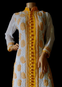 ISHIEQA's White-Yellow Georgette Chikankari Kurti  - DC1101B