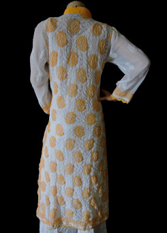 ISHIEQA's White-Yellow Georgette Chikankari Kurti  - DC1101B