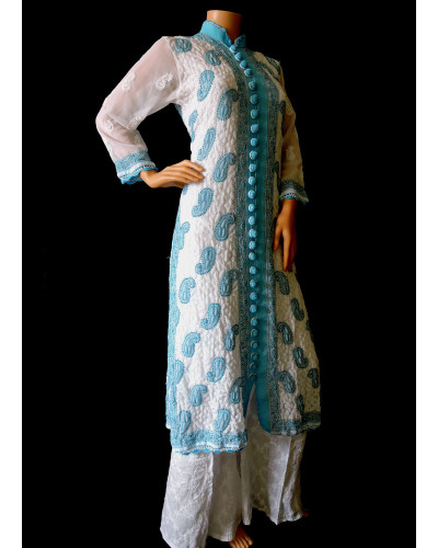 ISHIEQA's White-Blue Georgette Chikankari Kurti  - DC1101B