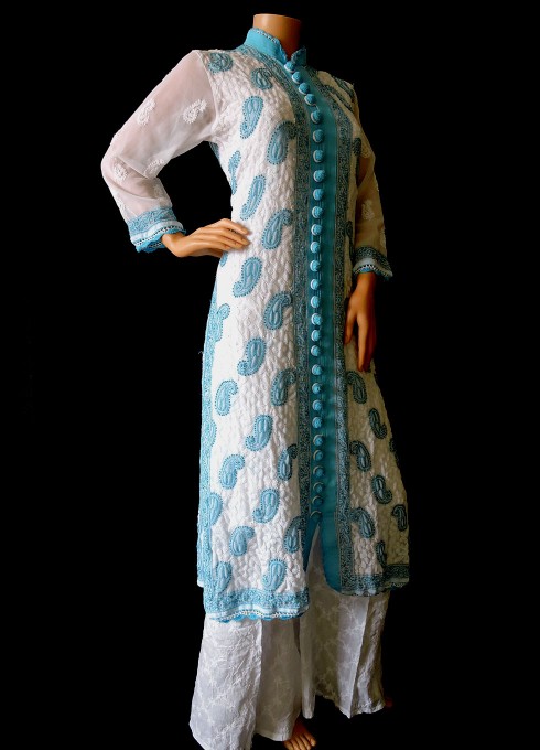Spa Blue Long Round Neck All over Embroidered Kurta Set 23SLK04026-5 –  Lakshita