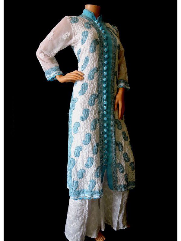 ISHIEQA's White-Blue Georgette Chikankari Kurti  - DC1101B