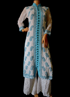 ISHIEQA's White-Blue Georgette Chikankari Kurti  - DC1101B