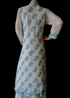 ISHIEQA's White-Blue Georgette Chikankari Kurti  - DC1101B