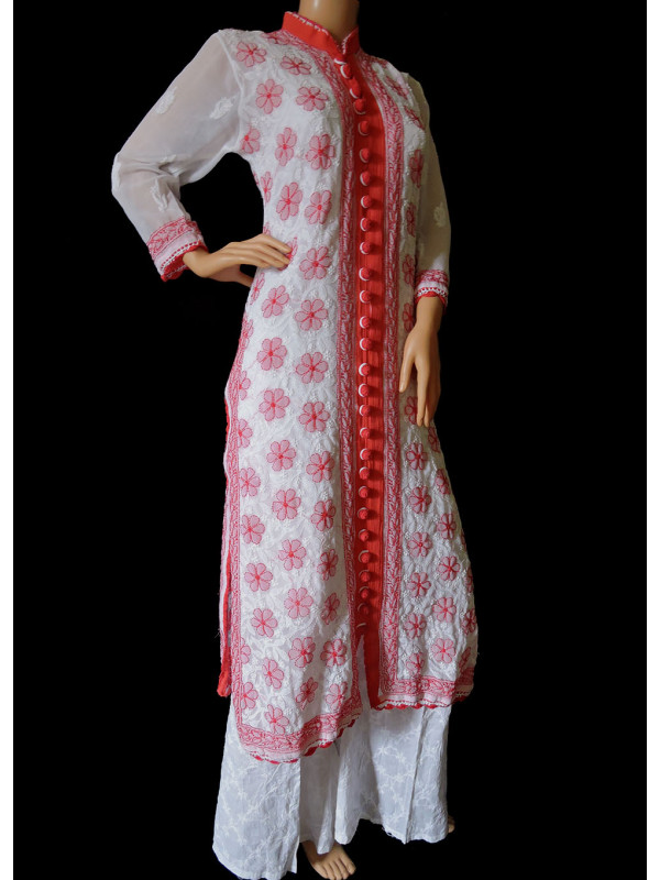 ISHIEQA's White-Coral Georgette Chikankari Kurti  - DC1101B