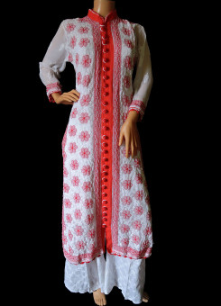 ISHIEQA's White-Coral Georgette Chikankari Kurti  - DC1101B