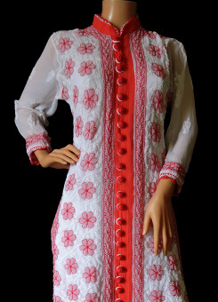ISHIEQA's White-Coral Georgette Chikankari Kurti  - DC1101B