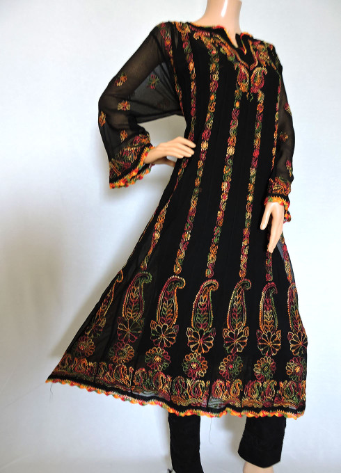 ISHIEQA's Black Georgette Chikankari Anarkali Kurti- DC1403C