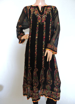 ISHIEQA's Black Georgette Chikankari Anarkali Kurti- DC1403C