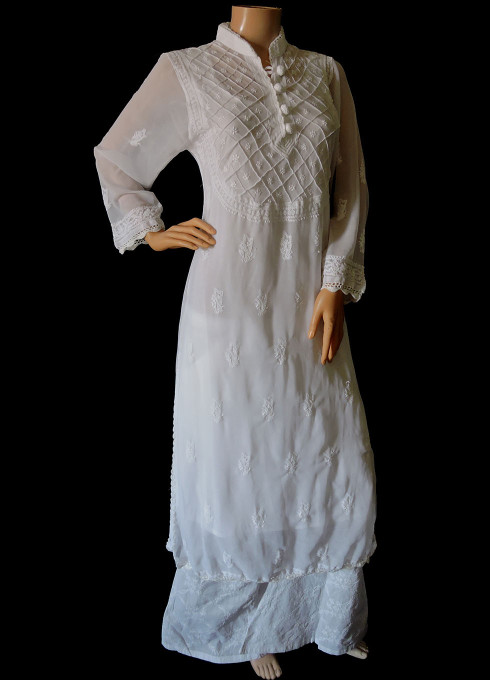 ISHIEQA's White Georgette Chikankari Kurta - MV0406D