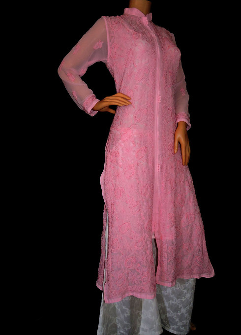 ISHIEQA's Designer Pink Georgette Chikankari Kurti - DC0902B