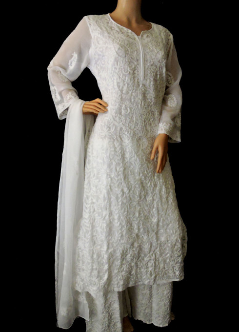 ISHIEQA's Aari work White Georgette Kurti with Dupatta -DC2002C