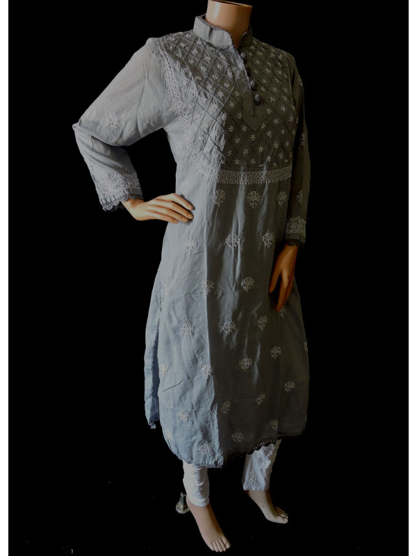 ISHIEQA's Grey Cotton Chikankari Kurti - MV0401D
