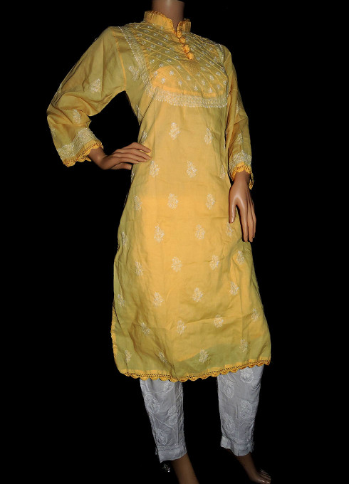 ISHIEQA's Yellow Cotton Chikankari Kurti - MV0401D