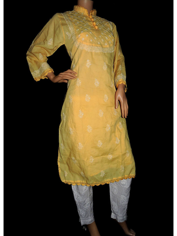 ISHIEQA's Yellow Cotton Chikankari Kurti - MV0401D
