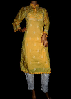 ISHIEQA's Yellow Cotton Chikankari Kurti - MV0401D