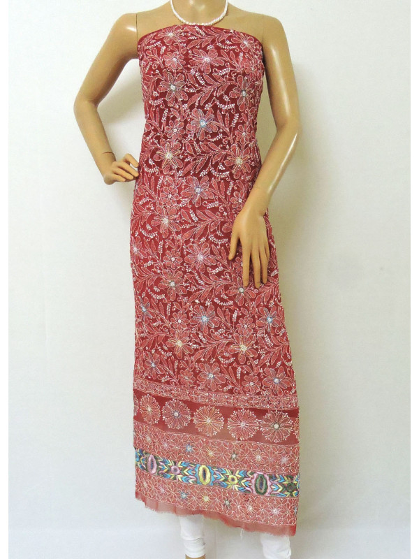 ISHIEQA's Red Georgette Parsi work Kurti  Fabric - RC0101B