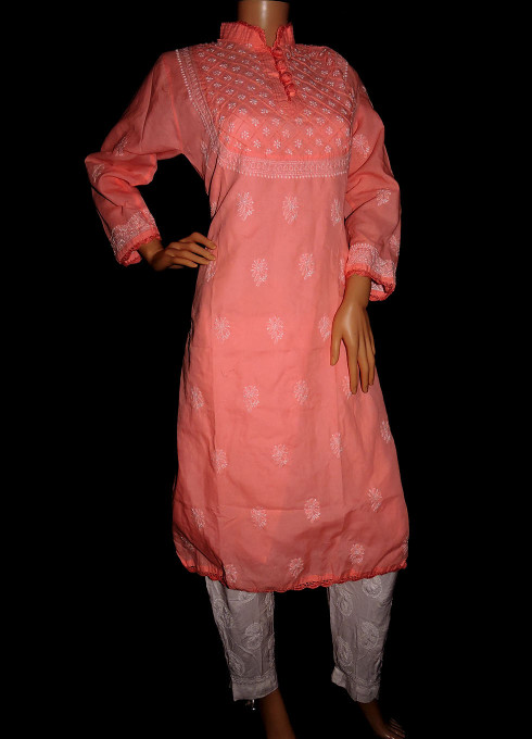 ISHIEQA's Peach Cotton Chikankari Kurti - MV0401D