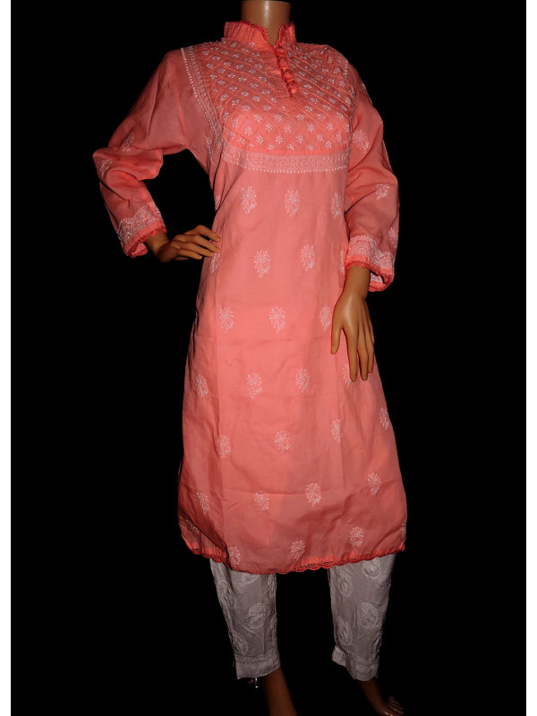 ISHIEQA's Peach Cotton Chikankari Kurti - MV0401D