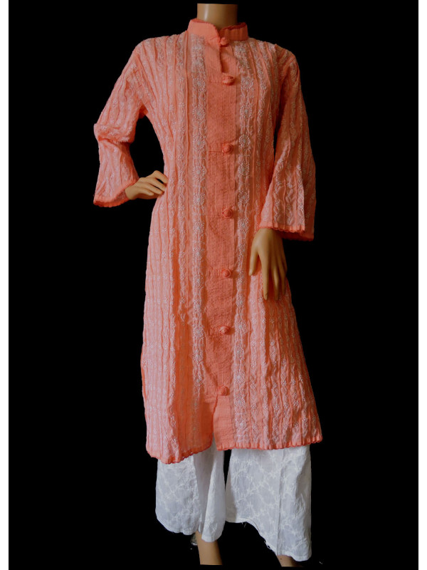 ISHIEQA's Peach Cotton Chikankari Kurti  - DC1202B