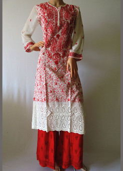 ISHIEQA's White-Red Cambric Cotton Chikankari Kurti  - DC0809B