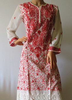 ISHIEQA's White-Red Cambric Cotton Chikankari Kurti  - DC0809B