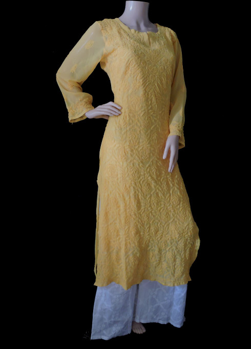 ISHIEQA's Yellow Georgette Chikankari Kurti- DC1301C