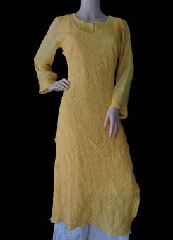 ISHIEQA's Yellow Georgette Chikankari Kurti- DC1301C