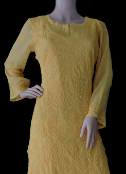 ISHIEQA's Yellow Georgette Chikankari Kurti- DC1301C