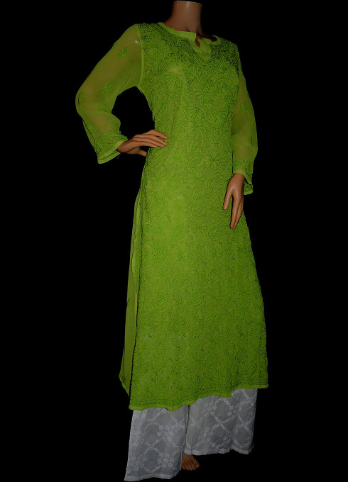 ISHIEQA's Green Georgette Chikankari Kurti- DC1301C