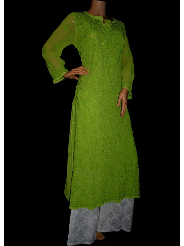 ISHIEQA's Green Georgette Chikankari Kurti- DC1301C