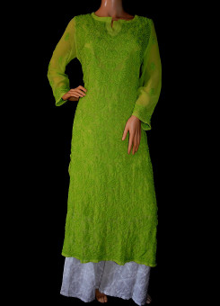 ISHIEQA's Green Georgette Chikankari Kurti- DC1301C